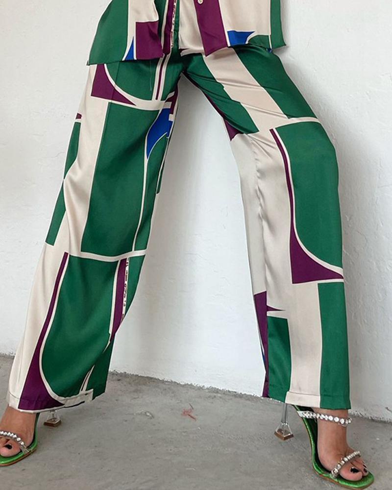 Printed Loose Long Sleeve Shirt Straight Pants Pants Set