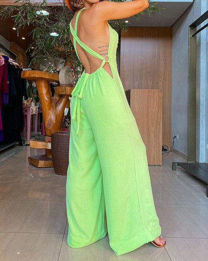 Sexy V-Neck Backless Straight Wide-Leg Jumpsuit