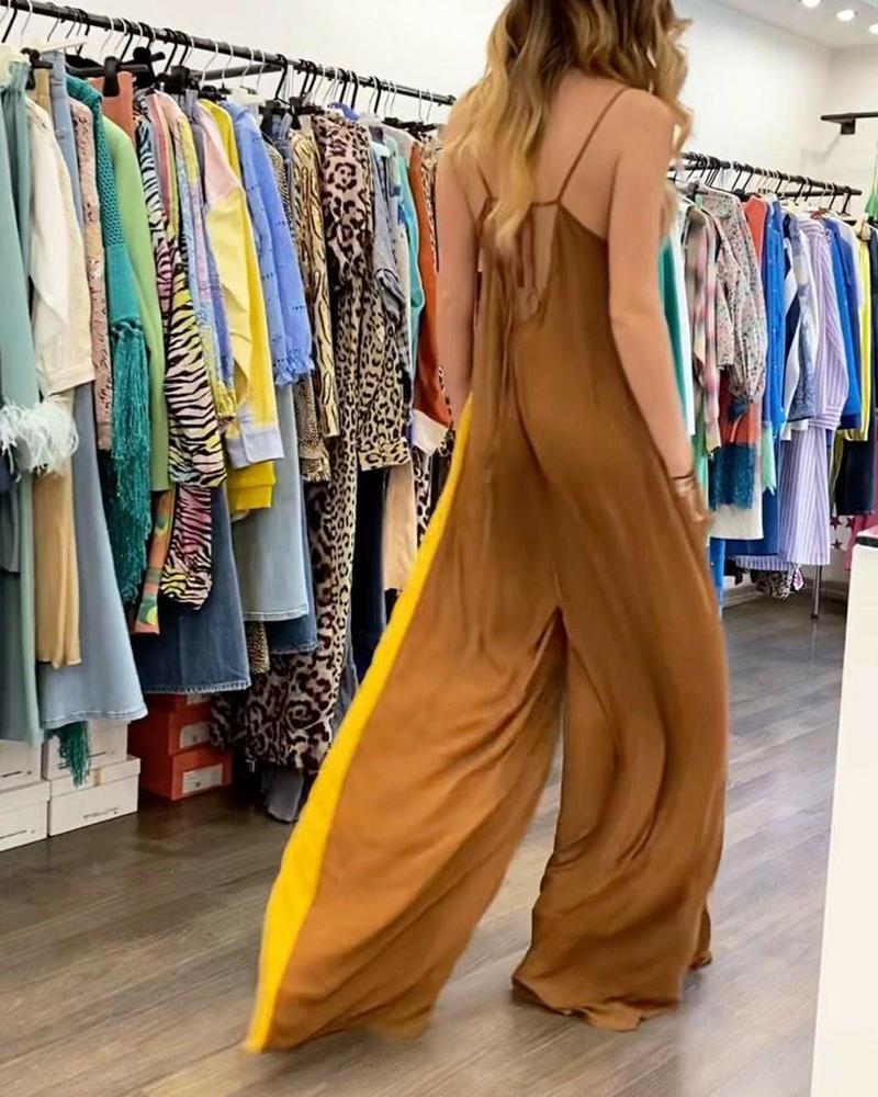 Sling wide-leg jumpsuit with color-block side seams