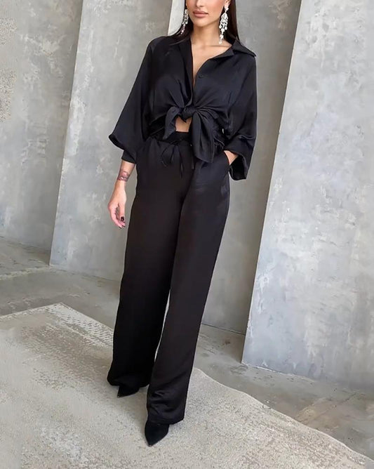 Two-piece set of long-sleeve shirt & drawstring trousers