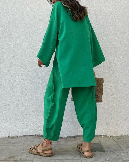 Cotton Linen Loose Long Sleeve Cardigan Pants Set