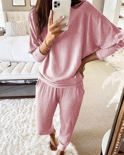 Casual Loose Solid Color Long-sleeves Knitted Set