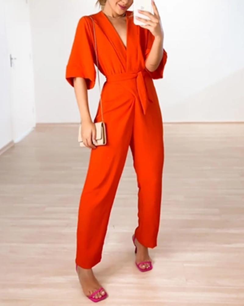 Solid color V-neck short-sleeved straight-leg jumpsuit