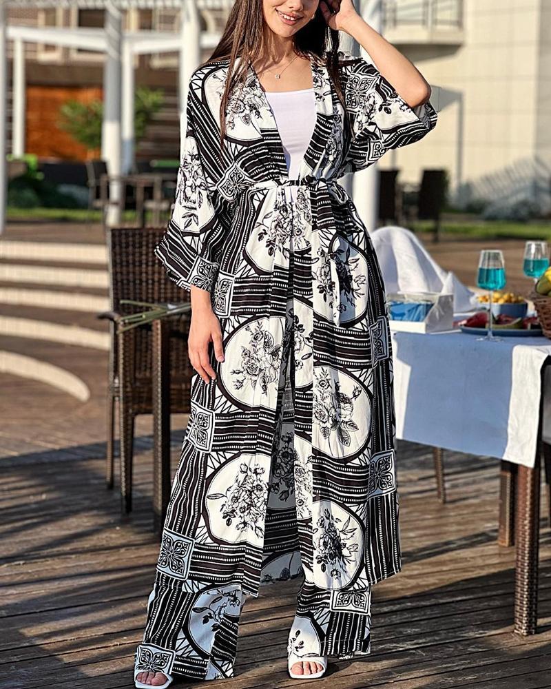 Lace-Up Printed Long Cardigan Straight Pants Casual Suit