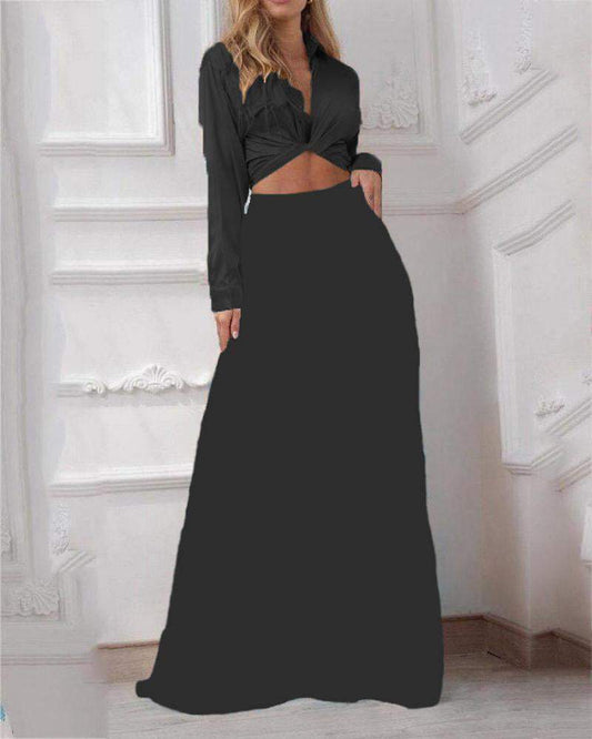 Two-Piece Set of Solid Twist Top & Wide Leg Pants