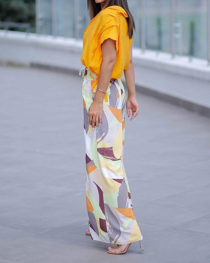 Casual Two Piece Solid Color Short Sleeve Shirt & Printed Pants