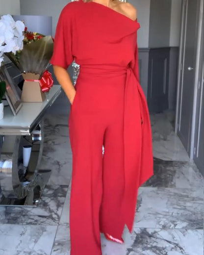 Elegant Pile Collar Solid Color Long Jumpsuit