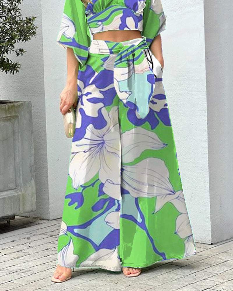 Fashion Print V-Neck Long Sleeve Top & Wide Leg Pants Two-Piece Set