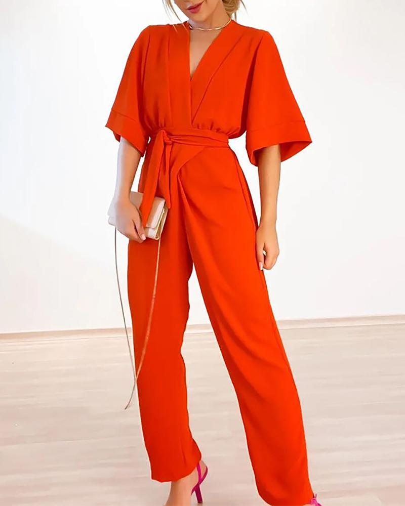 Solid color V-neck short-sleeved straight-leg jumpsuit