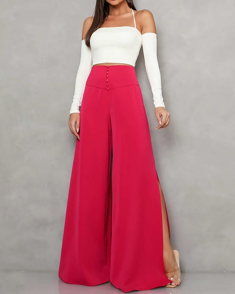 Two-piece set of halterneck off-the-shoulder top & solid wide-leg pants