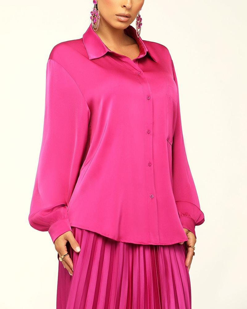 Fashion Solid Color Shirt & Pleated Skirt Two Piece Set