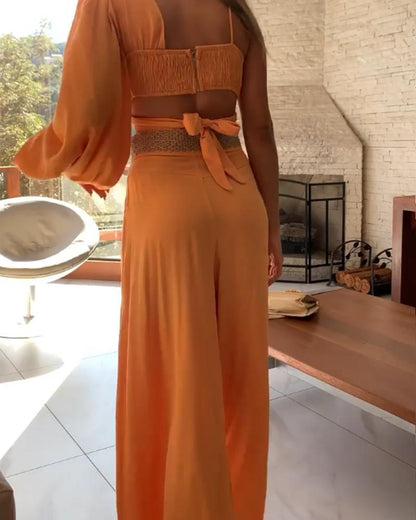 One Shoulder Design Back Top Pants Suit