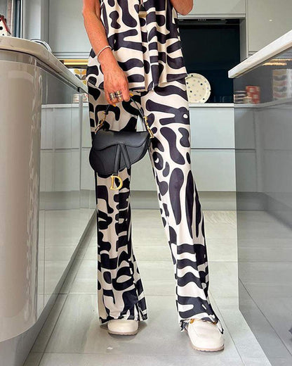 V-Neck Sleeveless Top Trousers Print Two Piece Set