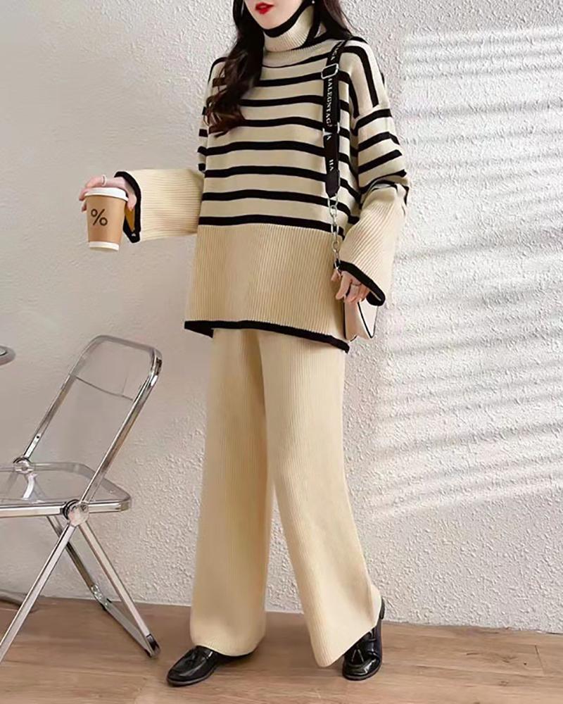 High-neck knitted sweater + high-waist straight-leg wide-leg pants two-piece set