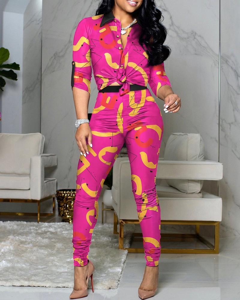 Printed long-sleeved shirt + casual pants two-piece set