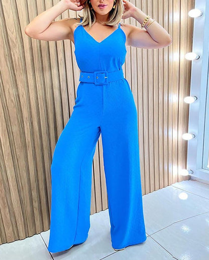 Solid color suspenders V-neck high waist jumpsuit