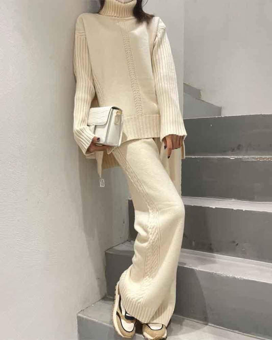 Stylish casual two-piece set of turtleneck sweater & trousers