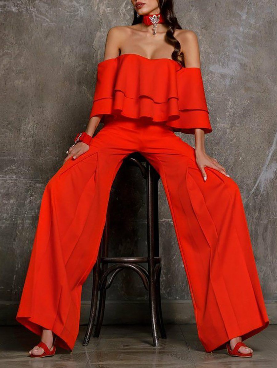 Fashion Solid Color Ruffle Jumpsuit