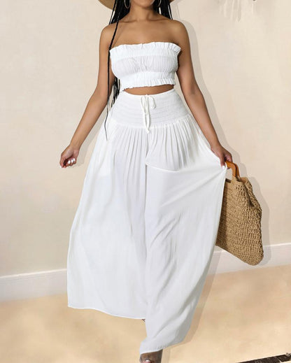 Solid Color Set of Casual Tube Top & Wide Leg Pants