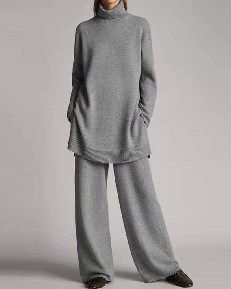 Women'S Fashionable Simple Casual Loose Turtleneck Top Pants Knitted Suit