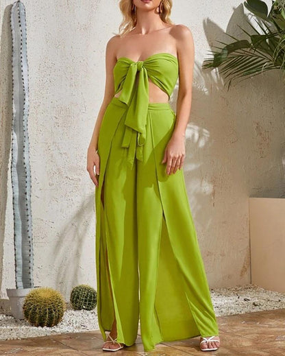 Sexy strapless tube top & loose wide leg pants casual two-piece set