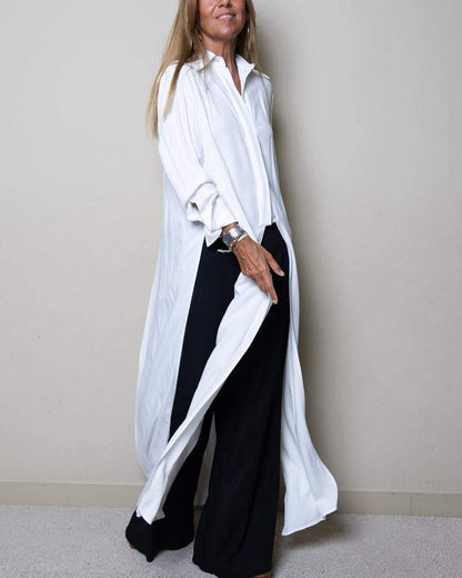 Solid Color Side Split Long Shirt Straight Trousers Set