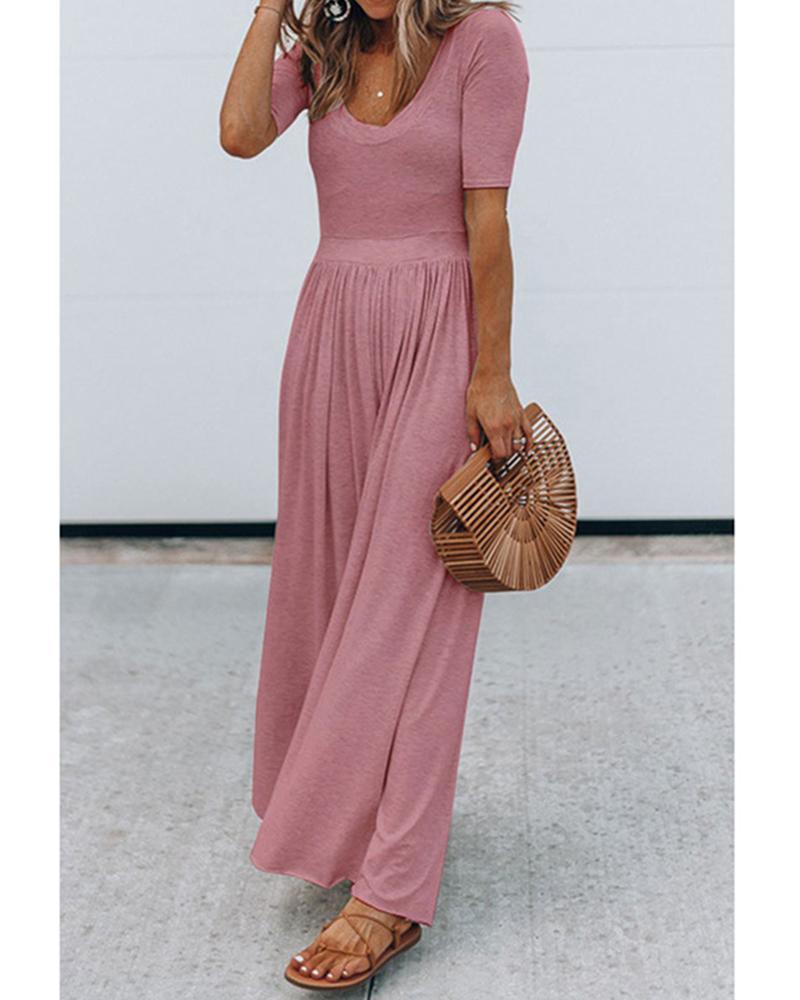 New Round Neck Short Sleeve Long Jumpsuit