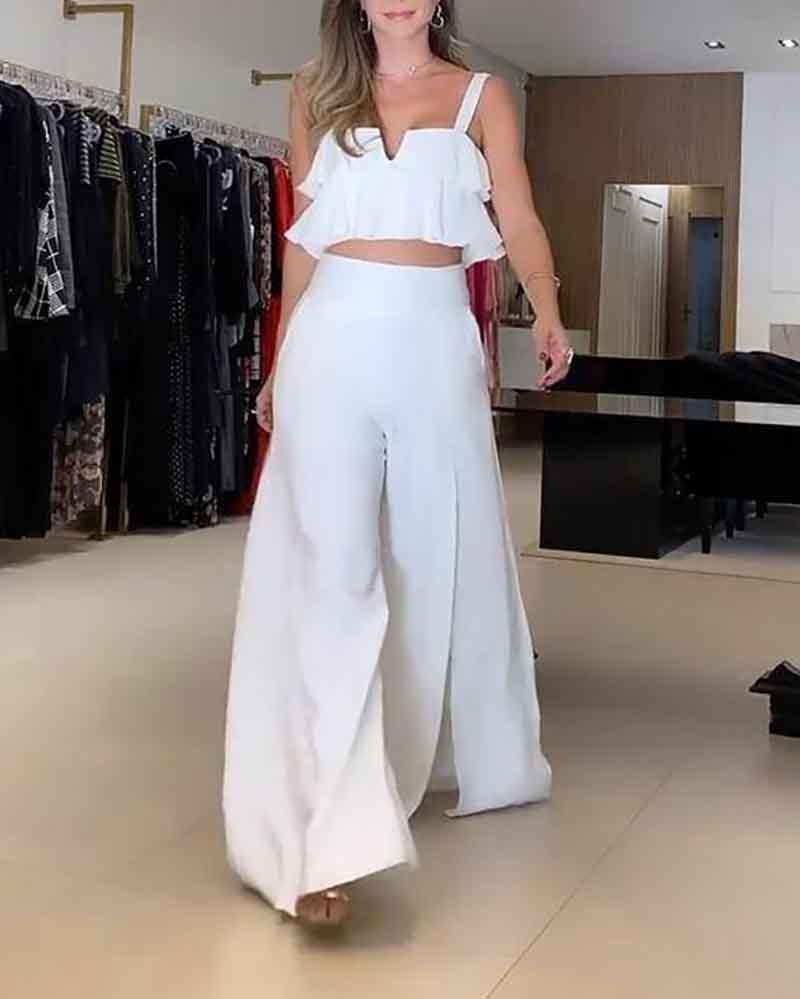 Sleeveless Ruffle Solid Two Piece Set