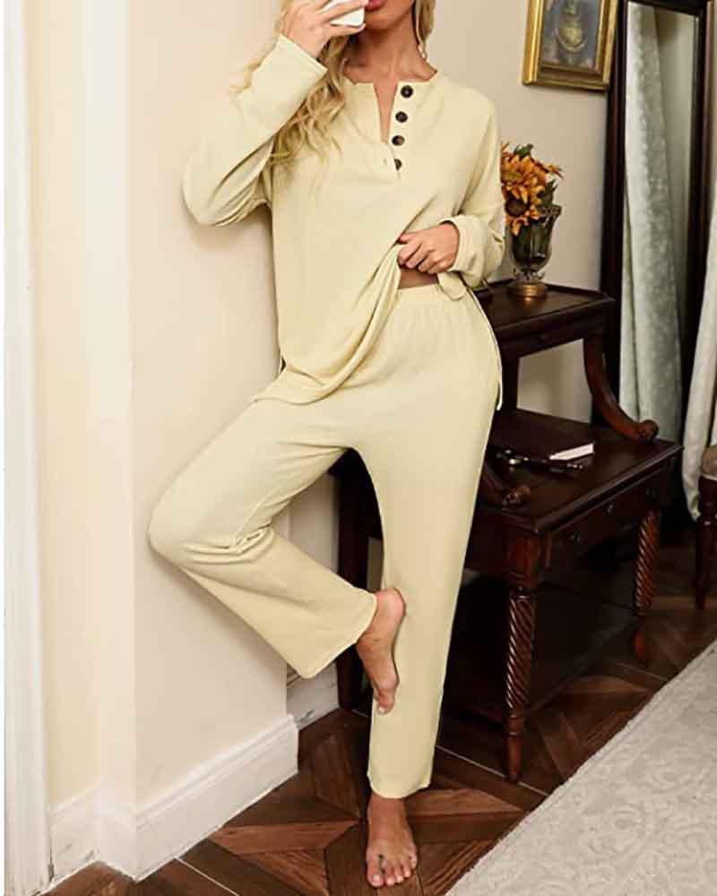 Long-sleeved button-up top & pants set