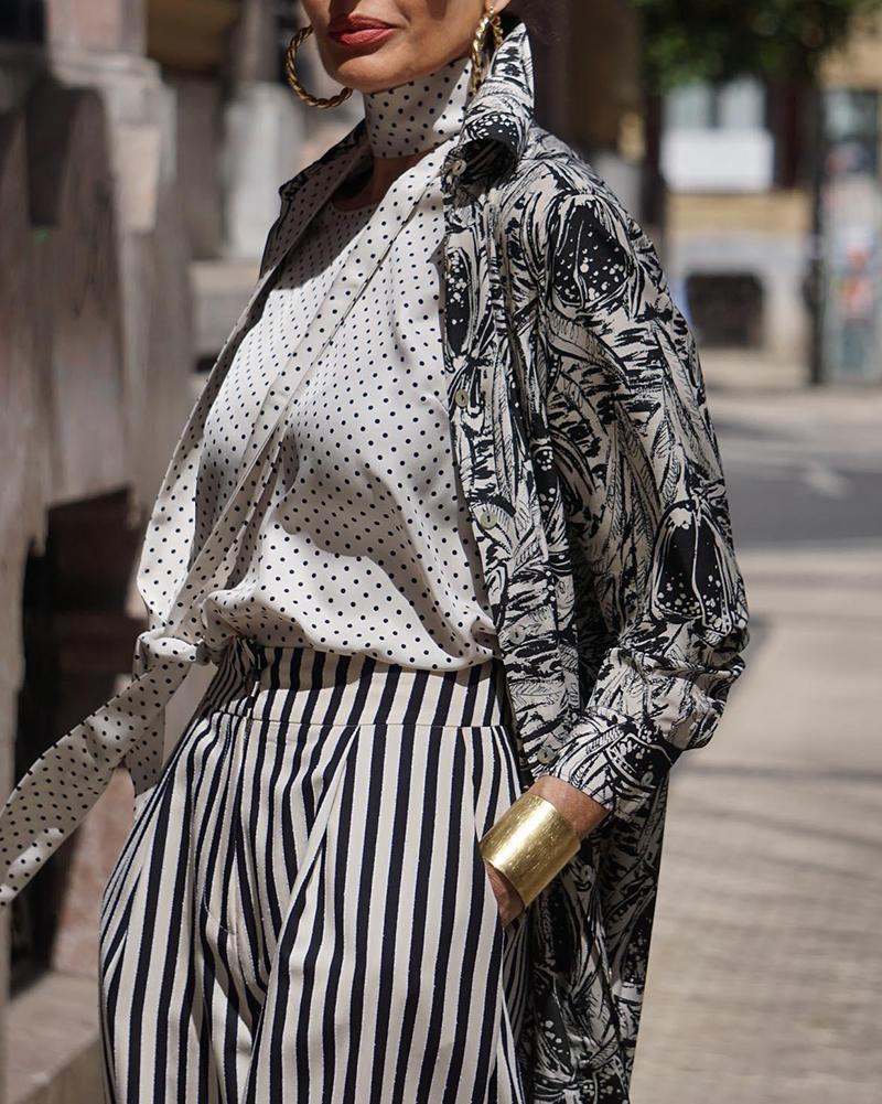 Stylish Two Piece in Printed Cardigan & Striped Trousers