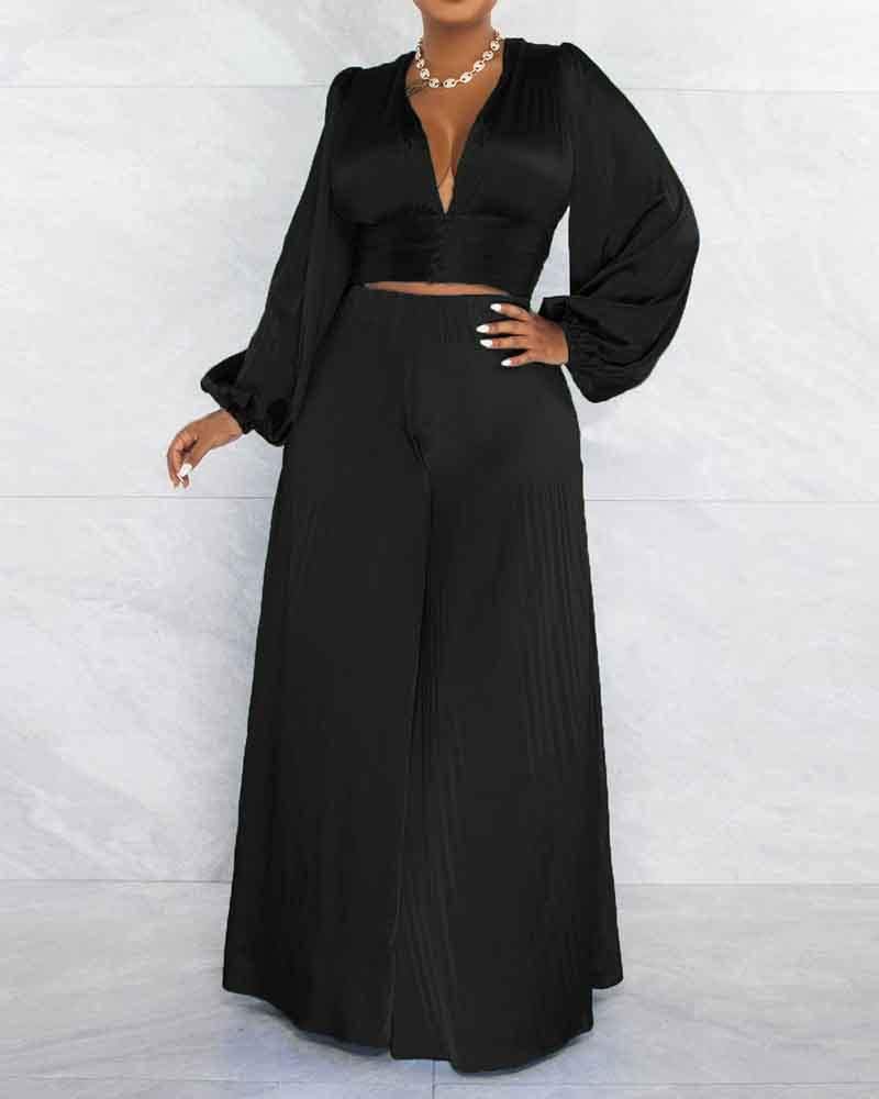 Sexy V-Neck Top & Wide Leg Pants Casual Set