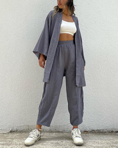 Cotton Linen Loose Long Sleeve Cardigan Pants Set