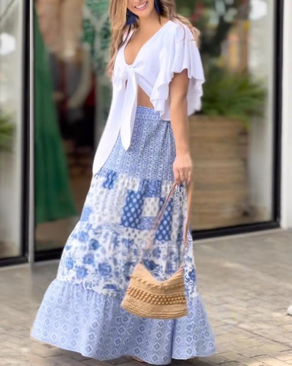 Lace-Up Top Folk-Print Long Dress Set