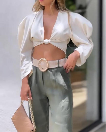 Casual Two-Piece Set with V-Neck Knot Cropped Top & Pants