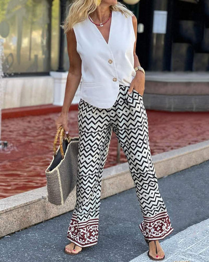 Solid V-Neck Vest & Printed Pants Pair Two Piece Set