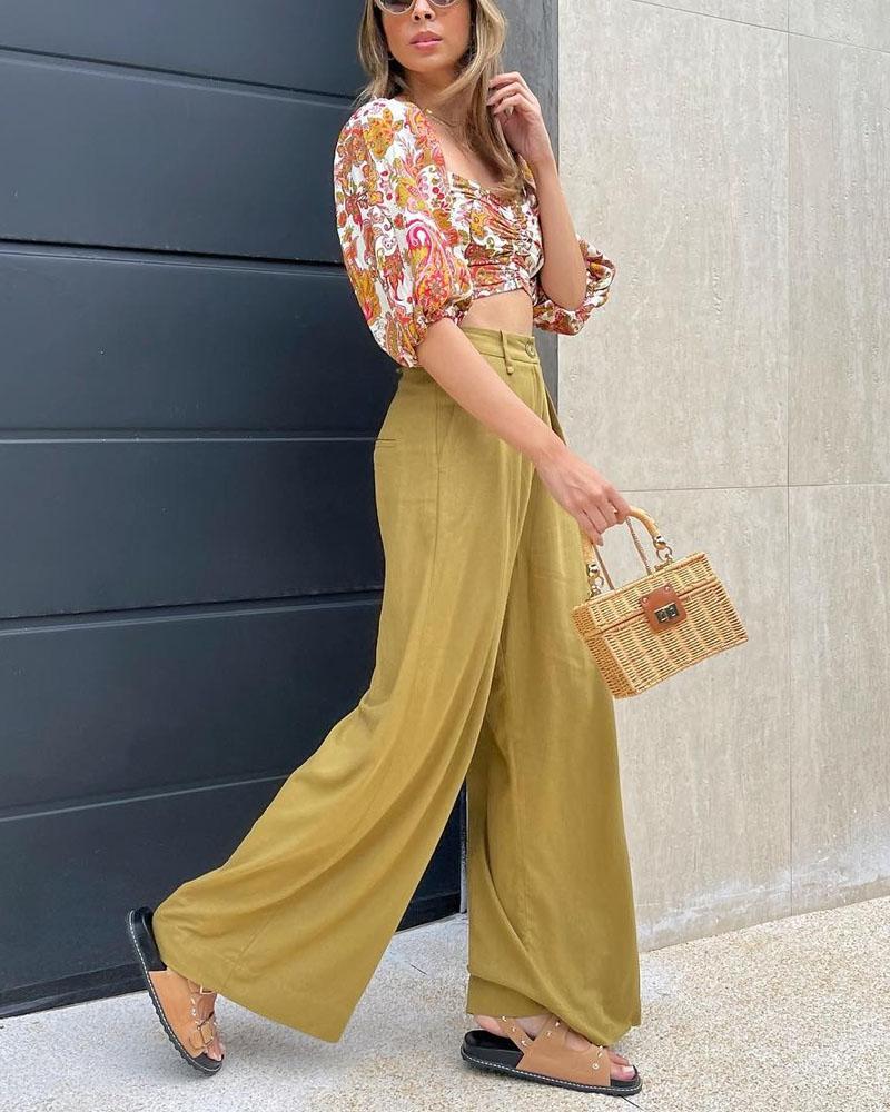 Printed Top Solid Pants Set