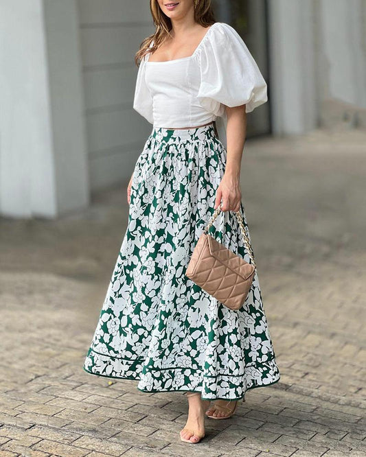 Square Neck Puff Sleeve Top & Floral Skirt Two Piece Set