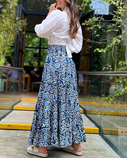 Two Piece Set of Lantern Long Sleeve Shirt & High Waist Print Skirt