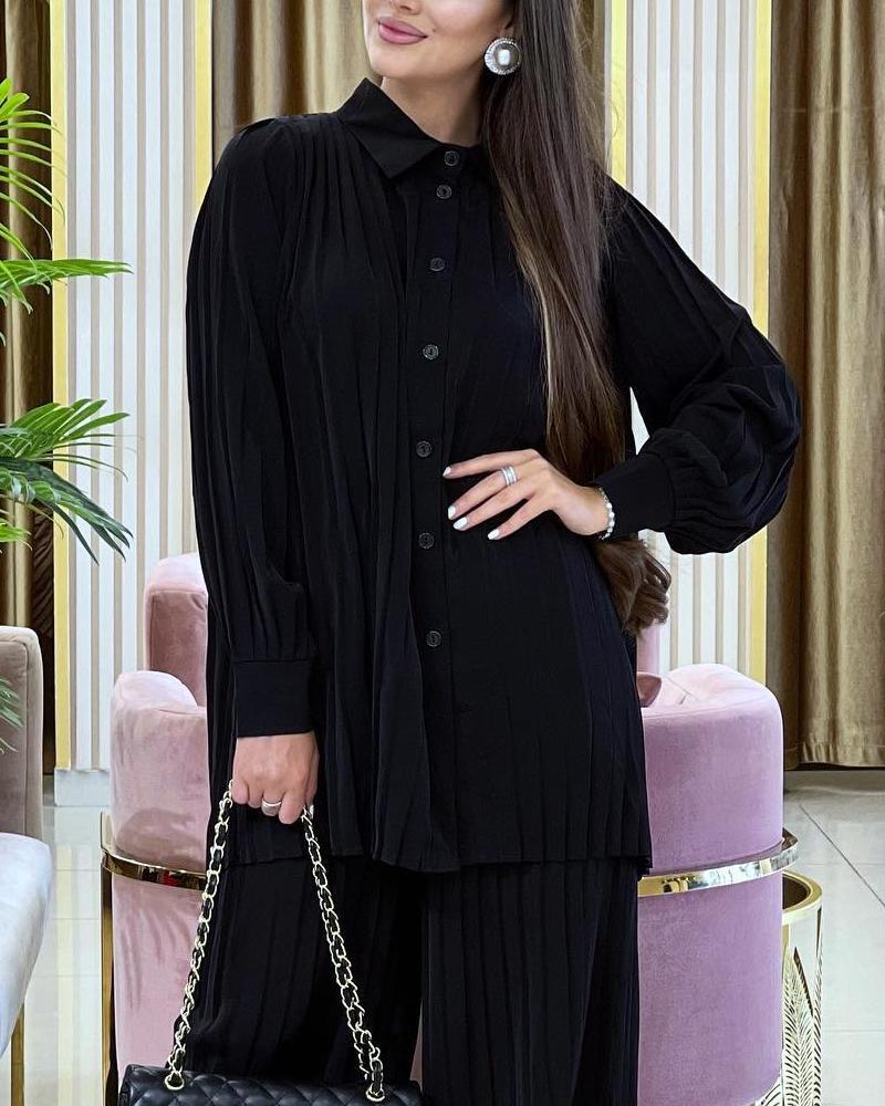 Pleated Long Sleeve Shirt Trousers Solid Color Suit