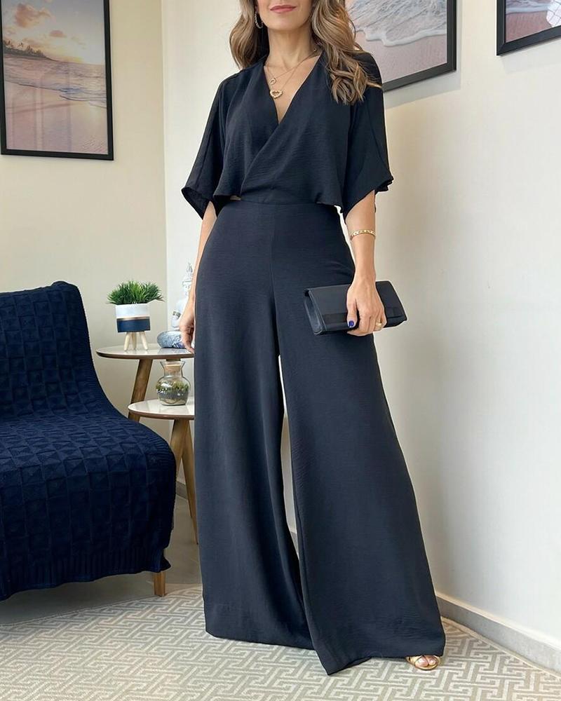 Solid color V-neck wide-leg jumpsuit