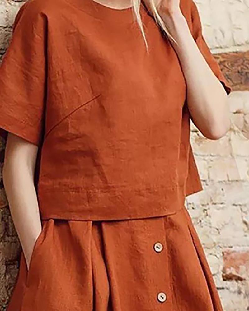 Solid Color Short Sleeve Top & Skirt Set