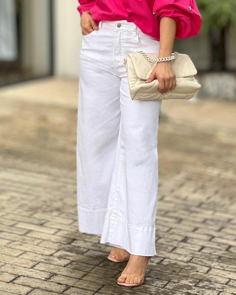 V-Neck Balloon Sleeve Shirt & Pants Two Piece Set