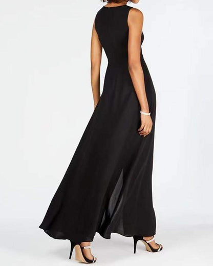 Colorblock Two Piece of Sleeveless Slit Dress & Pants