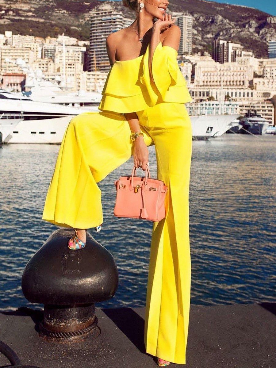 Fashion Solid Color Ruffle Jumpsuit