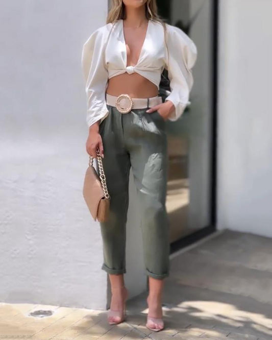 Casual Two-Piece Set with V-Neck Knot Cropped Top & Pants