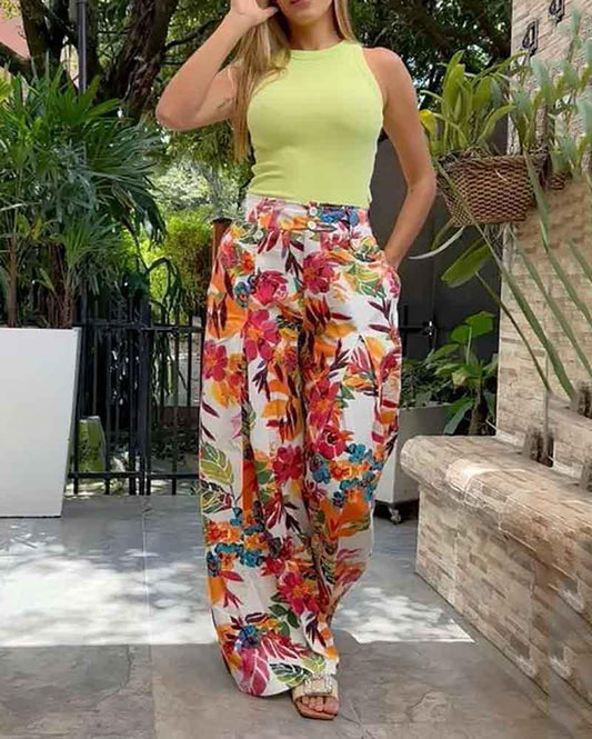 Casual Crew Neck Sleeveless Solid Color Top & Loose Print Pants Two-piece Set