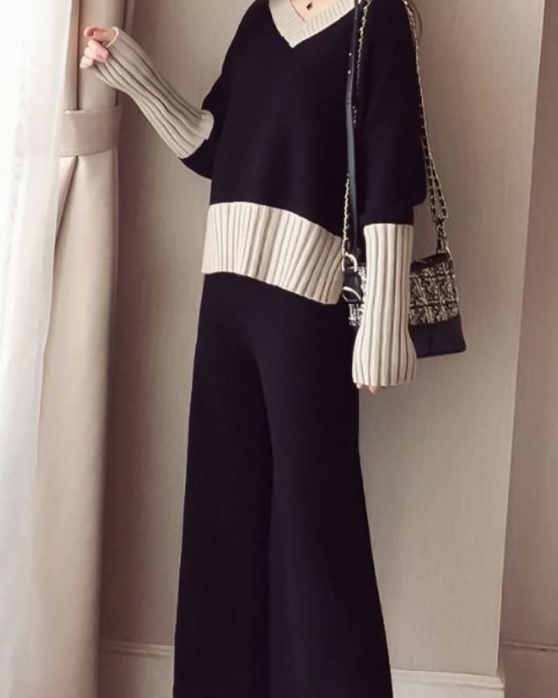 Elegant Casual Colorblock Knit Two Piece Set