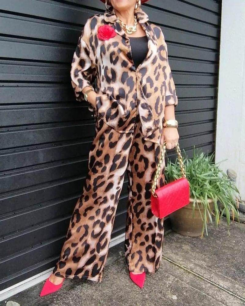 Stylish Leopard Print Two Piece Suit