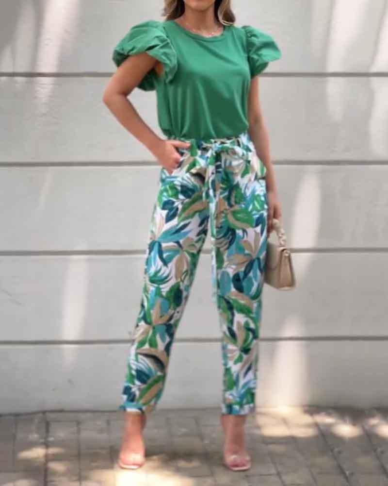 Two-piece set of solid color short-sleeved top & printed pants