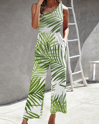 Diagonal Shoulder Top Printed Jumpsuit